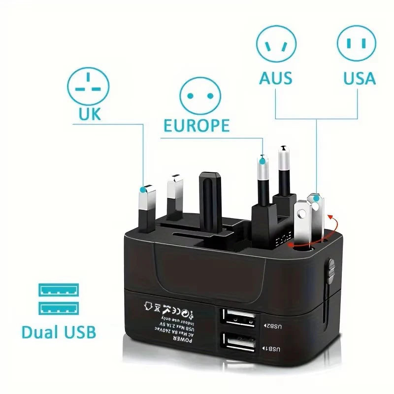 Universal AC Power Adapter with Dual USB Charging Ports, Universal Travel Plugs and Sockets, EU-US AC Power Adapter