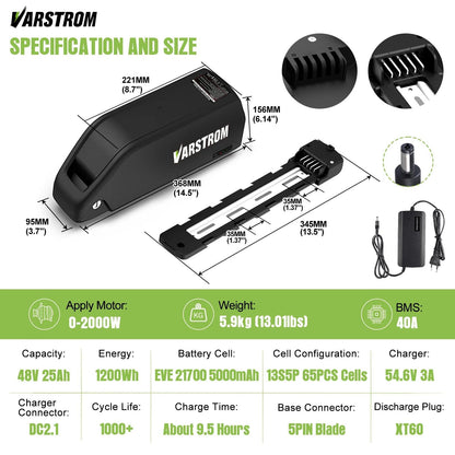 [US Stock] Varstrom Electric Bike Battery Hailong 48V 52V 20AH 30A Downtube Pack with 21700 Battery Cells 40A BMS for BBS02 TSDZ8 EBike Motor
