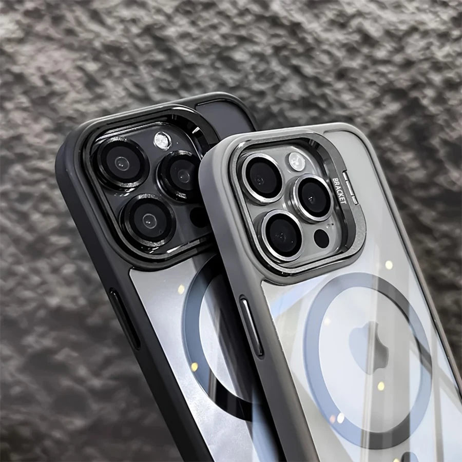 Phone Case - A Simple Magnetic Metal Frame Lens Protective Film/Stand Three-In-One Phone Case, Compatible with iPhone 18/17/16/15/14/13/12 Pro/Pro Max/Air/Plus，and For Samsung Galaxy S22/S23+/S24 FE/S25 Plus/S26 Ultra Sleek