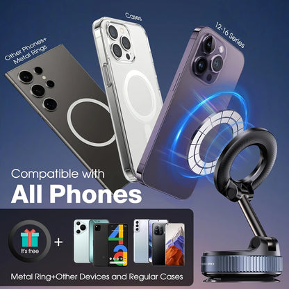Foldable Magnetic Car Phone Mount – 360° Rotatable, Dashboard Suction Cup, with Extra Mount Pad & Adjustment Wrench, Versatile