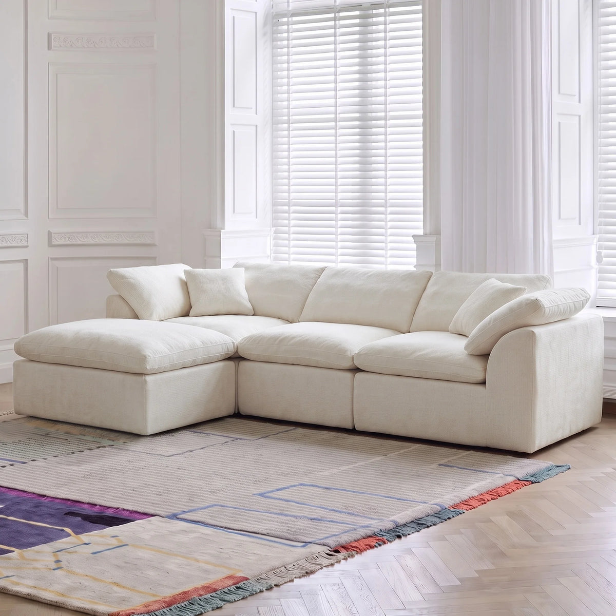 109" Modern Cloud L-Shaped 3-Seater Oversized Deep Seat Chenille Fabric Sofa White Modular Sectional with Ottoman