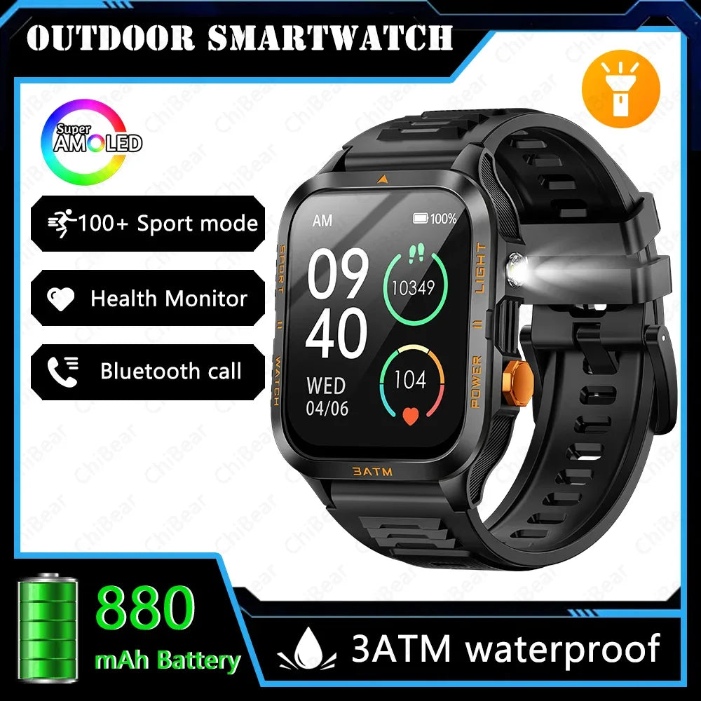 Outdoor Smartwatch Men GPS Sports 800mAh Battery Bluetooth Call Health 1.96-inch Screen Flashlight 3ATM Waterproof Smart Watch - Urbizia