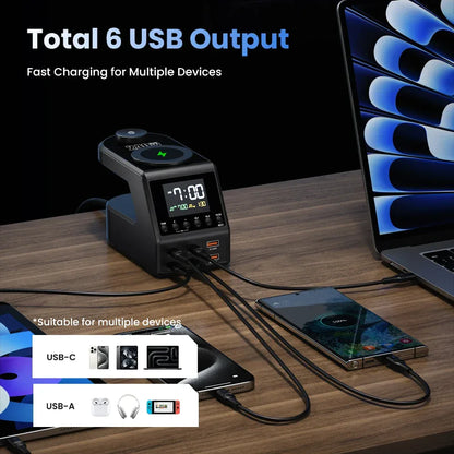 240W GaN Charger Station 4×140W PD3.1 USB Type C Wireless Fast Charger for MacBook iPad Samsung Alarm Clock Time Display - Urbizia