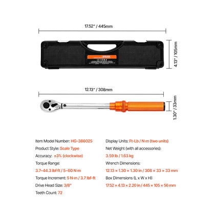 SucceBuy Torque Wrench Set Drive Click Torque Wrench Dual-Direction Adjustable  Mechanical Dual Range Scales Torque Wrench Kit