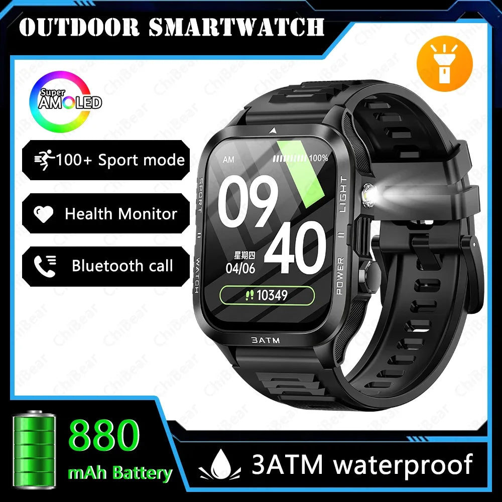 Outdoor Smartwatch Men GPS Sports 800mAh Battery Bluetooth Call Health 1.96-inch Screen Flashlight 3ATM Waterproof Smart Watch - Urbizia