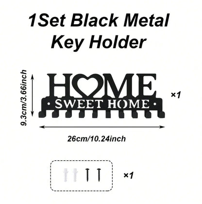 1Pc Black Metal Wall Mount Key Holder, Sweet Home Style Key Rack With 10 Hooks, Practical Key Hanger