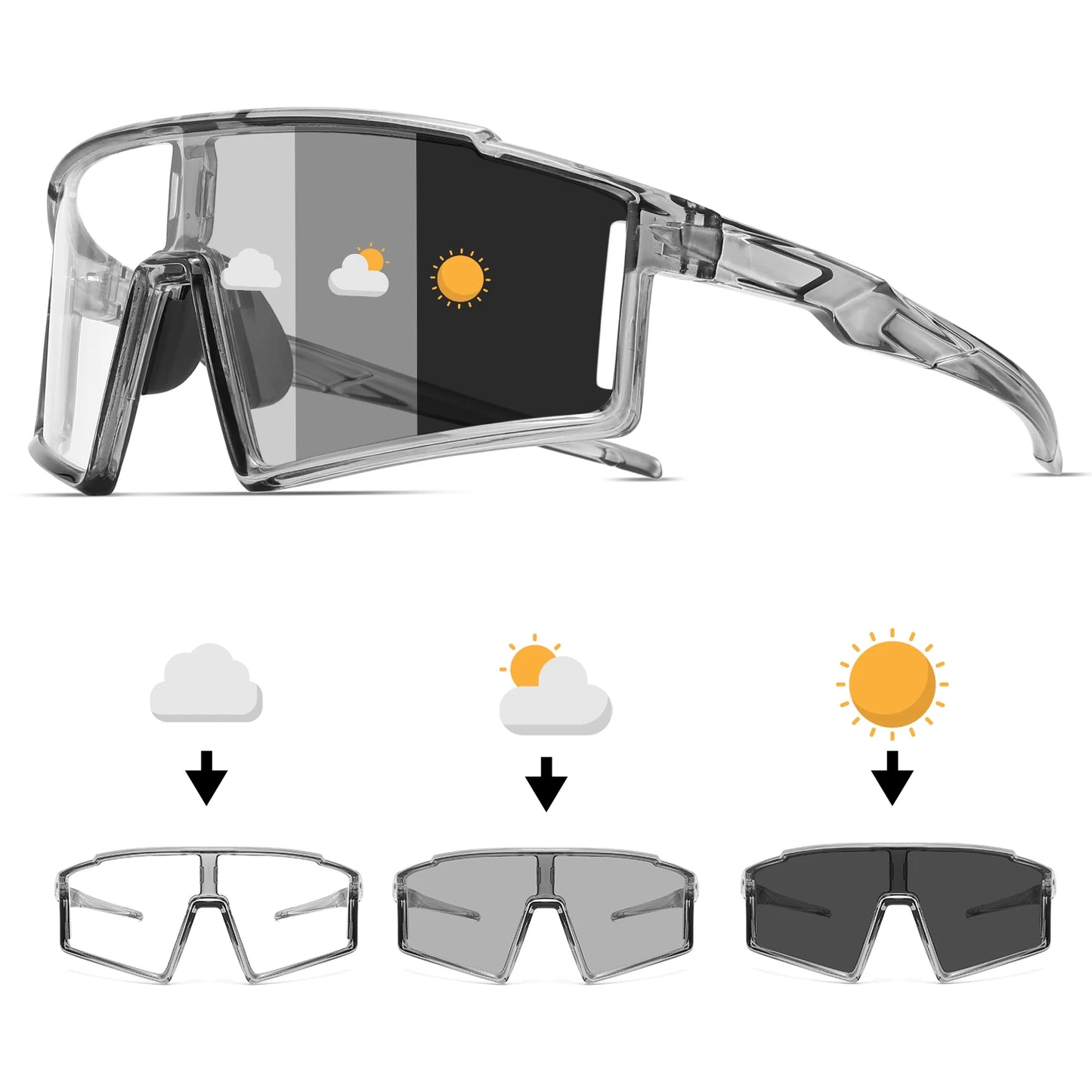 Photochromic One-Piece Sports Sunglasses - Oversized Wraparound Frame, UV400 Comfort Fit for Cycling, Fishing & Travel