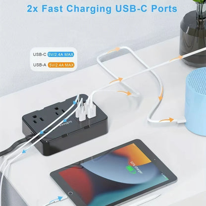 Surge Protector with 6 Widely Outlets Extender 4 USB Ports, 5ft Power Strip Ultra Thin Flat Plug, Power Adapter for Home Office