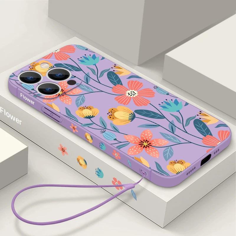 Flowers Soft Silicone Lanyard Case For iPhone 17 16e 15 16 Pro Max 12 13 14 11 Pro Max 17e Shockproof Bumper Strip Phone Cover