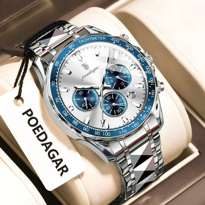POEDAGAR Luxury Brand Men Watch Waterproof Luminous Stainless Steel Men's Watches Chronograph Date Quartz Business Watch For Man