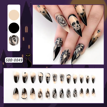 24Pcs Black Glossy Halloween Almond Fake Nails – Gradient French Press-on Nails with Rose, Heart & Skull Designs