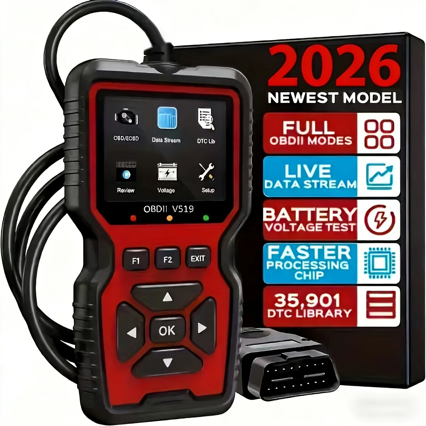 V519 Professional Obd2 Scanner - Usb-Powered Car Diagnostic Tool with Real-Time Data Stream, Full-Featured Obd Ii Testing (I/M Ready, Bod2/Eobd), Clears Engine Fault Lights, Reads/Erases Codes for Most Vehicles, Car Maintenan