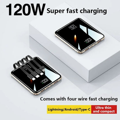 New 500000mAh Mini Power Bank Built-in 4 Cables Large Capacity Super Fast Charging External Battery for IPhone Samsung