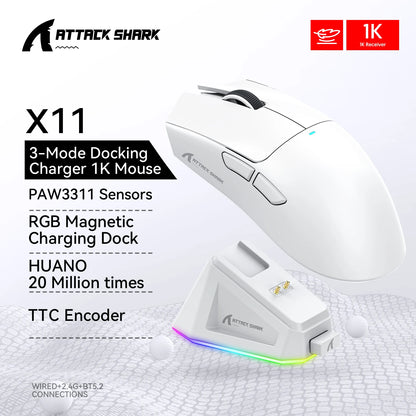 Attack Shark X11&R1 Wireless Gaming Mouse - Tri-Mode , PAW3311 Sensor,22K DPI, 400 IPS, RGB PC Gaming Mouse