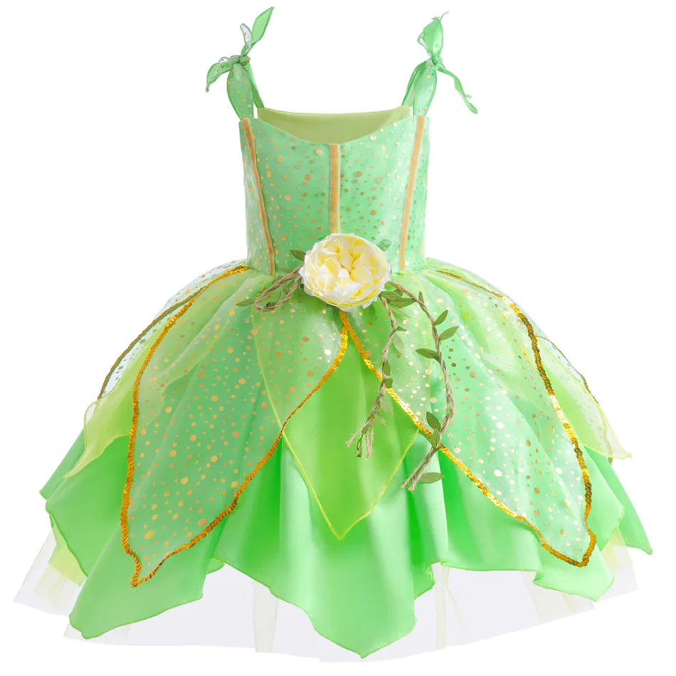 Girls Flower Fairy Dress – Kids Princess Costume with Wings, Halloween & Party Tinkerbell Dress