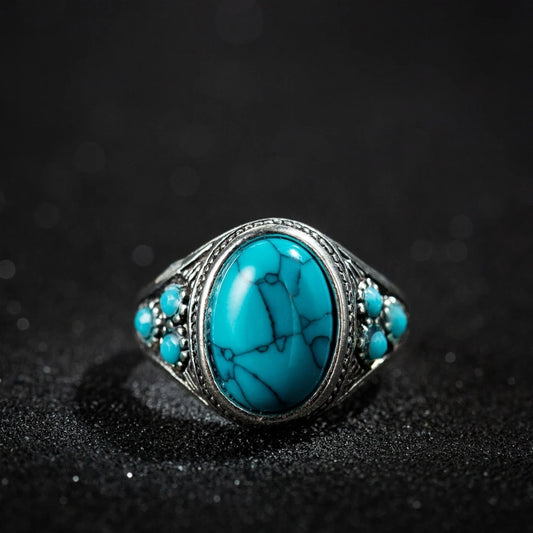 A New Creative Turquoise Ring Alloy Silver Plated Old Women's European and American Engagement Gift Ring