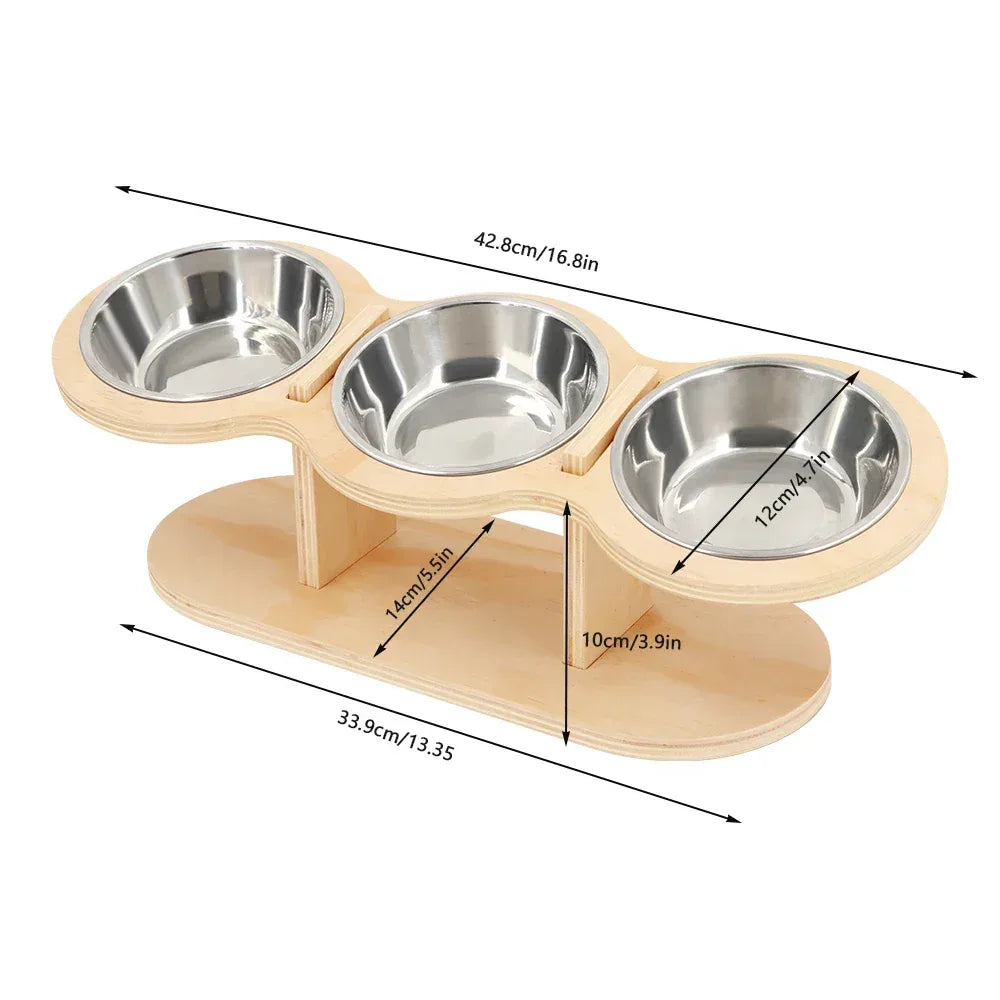 Cat 3 Bowls in 1 Feeder Feeding & Watering Supplies Food Bowl 15-Degree Tilt Raised Puppy 3 Stainless Steel Bowls Wood Brackets - Urbizia