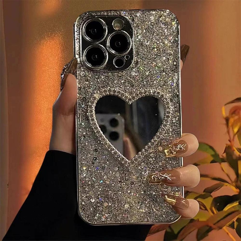 iPhone Glitter Heart Mirror Case with Lens Guard
