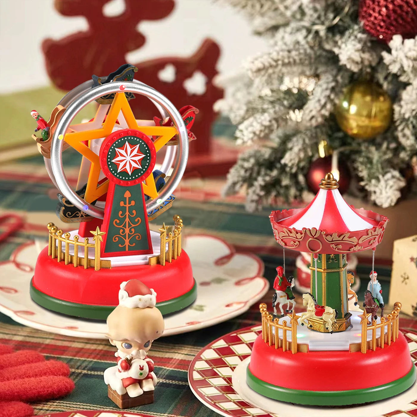 LED Christmas Carousel Decoration Music Box – Holiday Village Scene Ornament with Lights