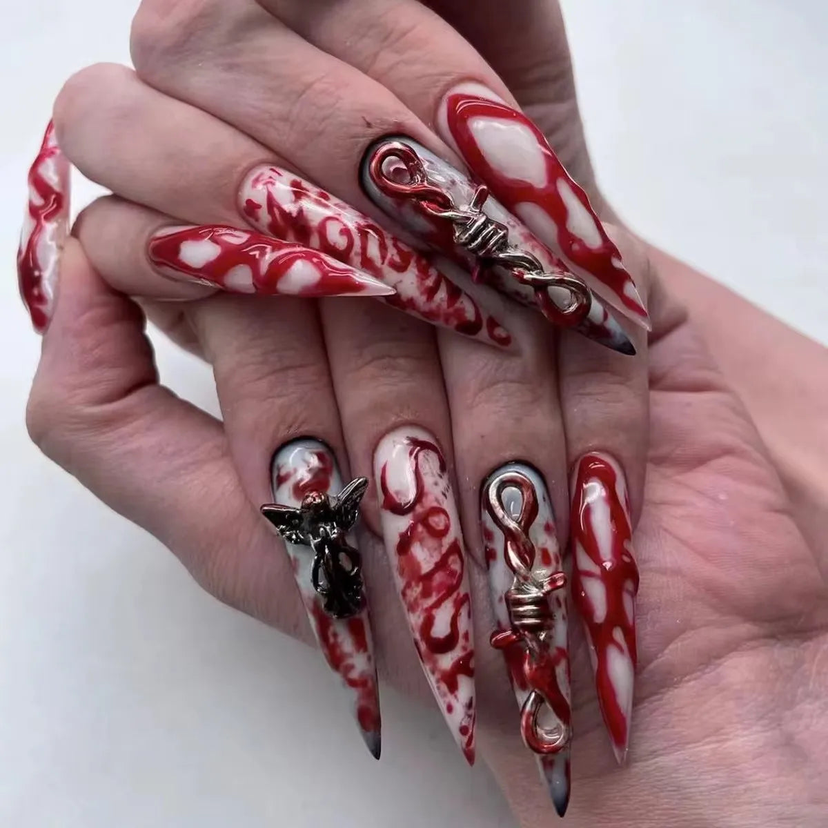 Halloween Purple Glitter Bloody Ripple Long Pointed False Nails – Extra Long Press On Nails