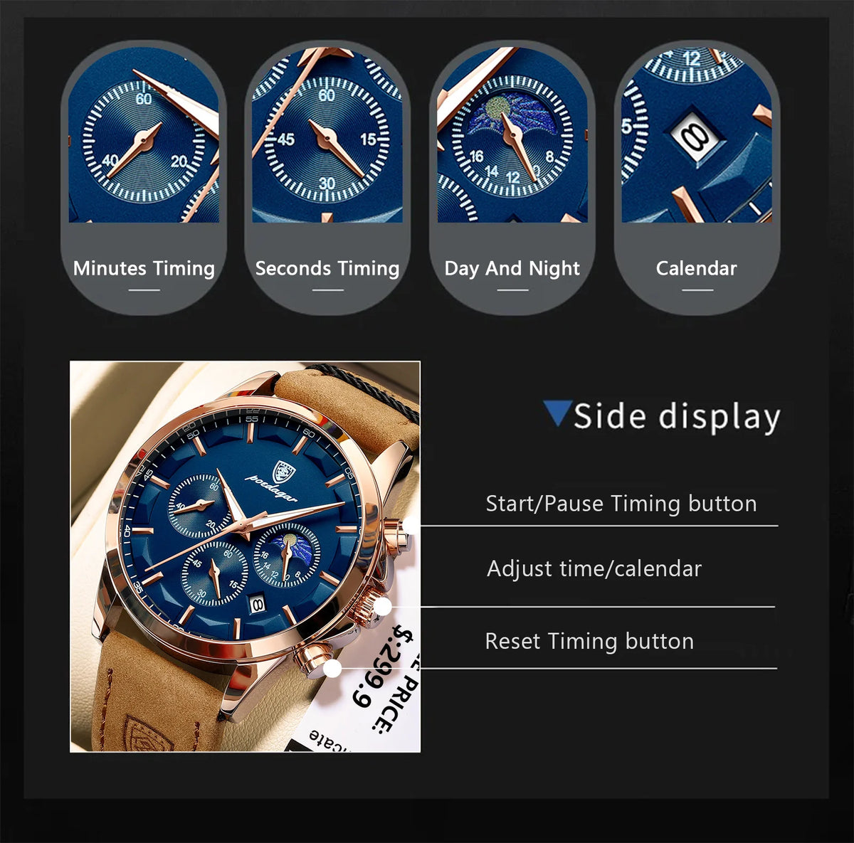 POEDAGAR Sports Luxury Men Quartz Watch Waterproof Chronograph Luminous Date Man Wristwatch Business Leather Men's Watches Clock