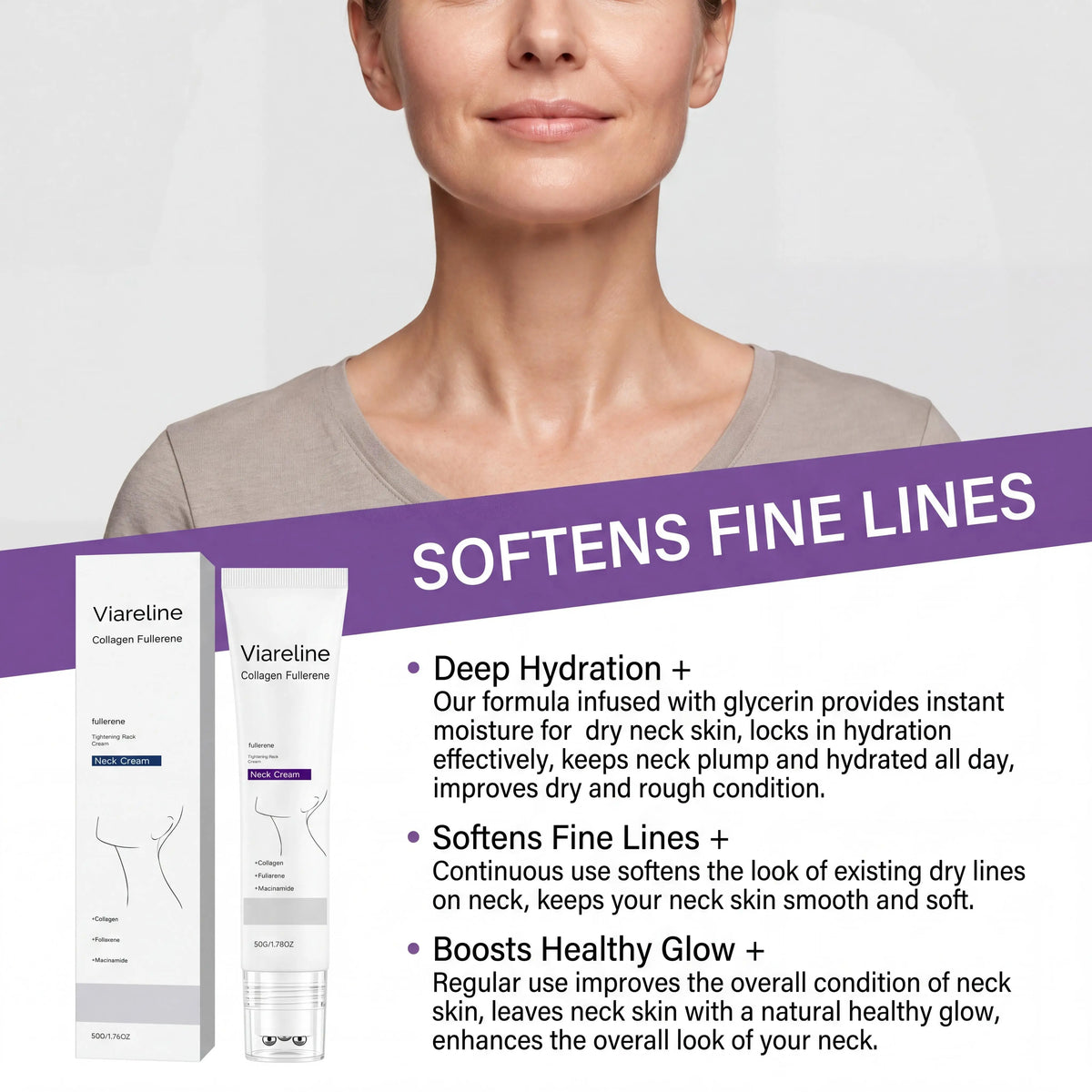 Collagen Fullerene Neck Cream Niacinamide Brightening Jawline Tighten Lift Firming Anti-Wrinkle Neck Care Moisturizing Cream with Rollers