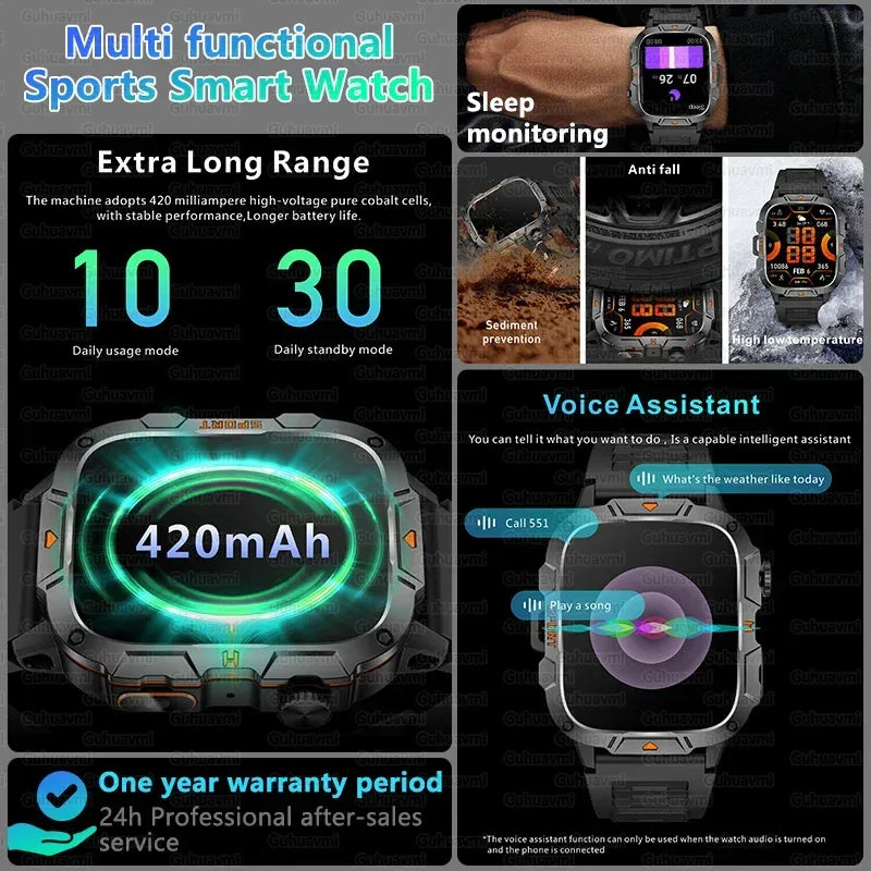 2025 New Military Grade Smart Watch Men 1.96" AMOLED Screen 5ATM Waterproof Simming Sports Fitness Tracker BT Call Smartwatches - Urbizia