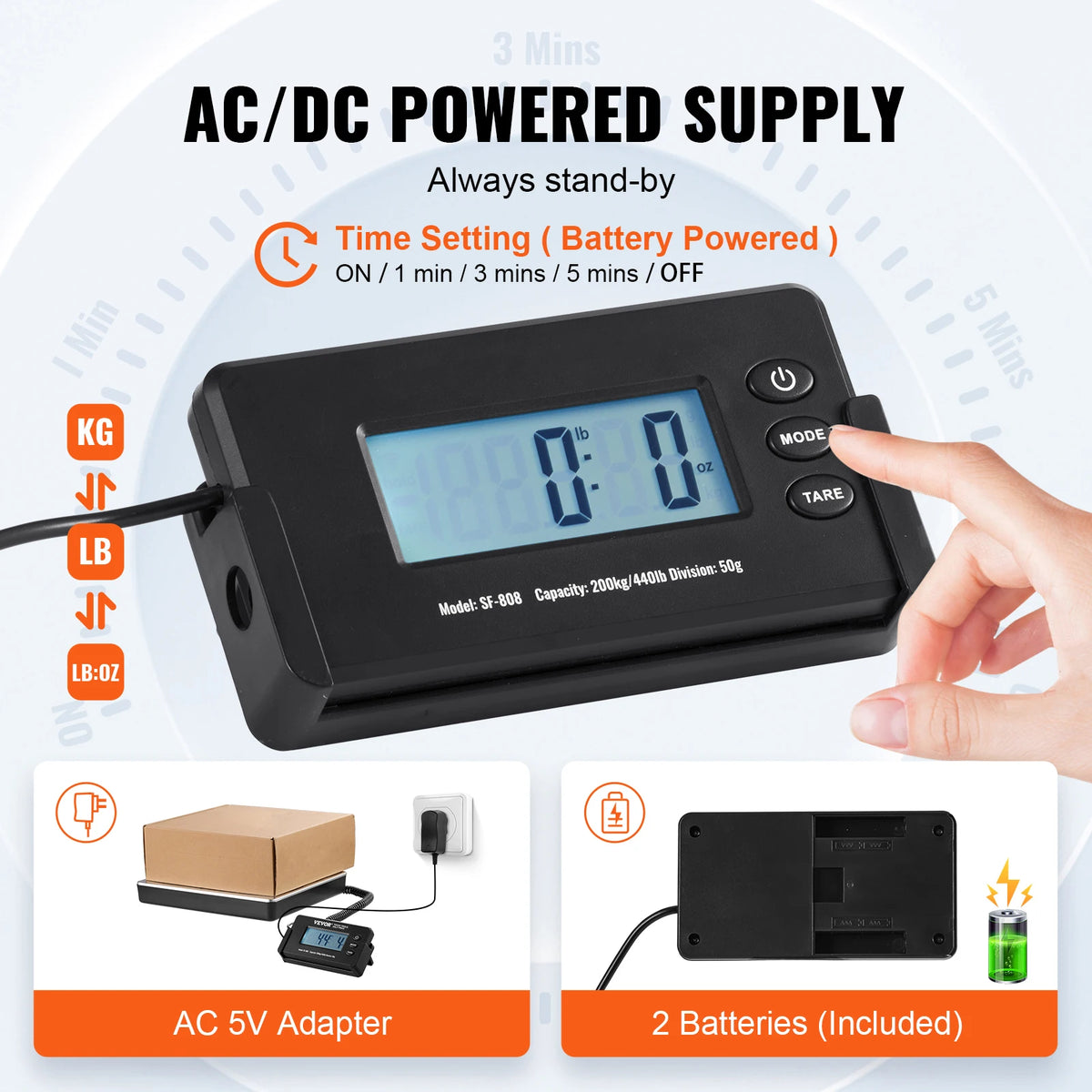 SucceBuy 440lbs Digital Shipping Scale with Timer Tare Function HD LCD Screen Portable Package Postal Scale for Home Post Office