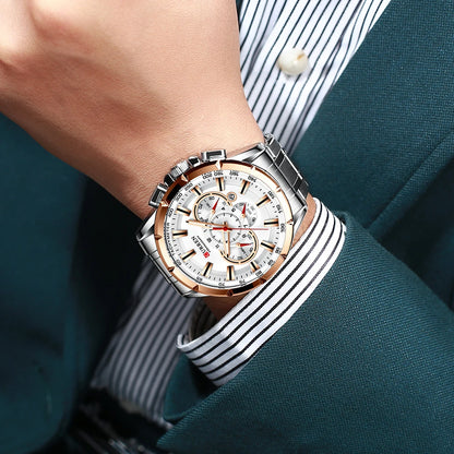CURREN 8363 Casual Sport Chronograph Men's Watches Stainless Steel Band Wristwatch Big Dial Quartz Clock with Luminous Pointers