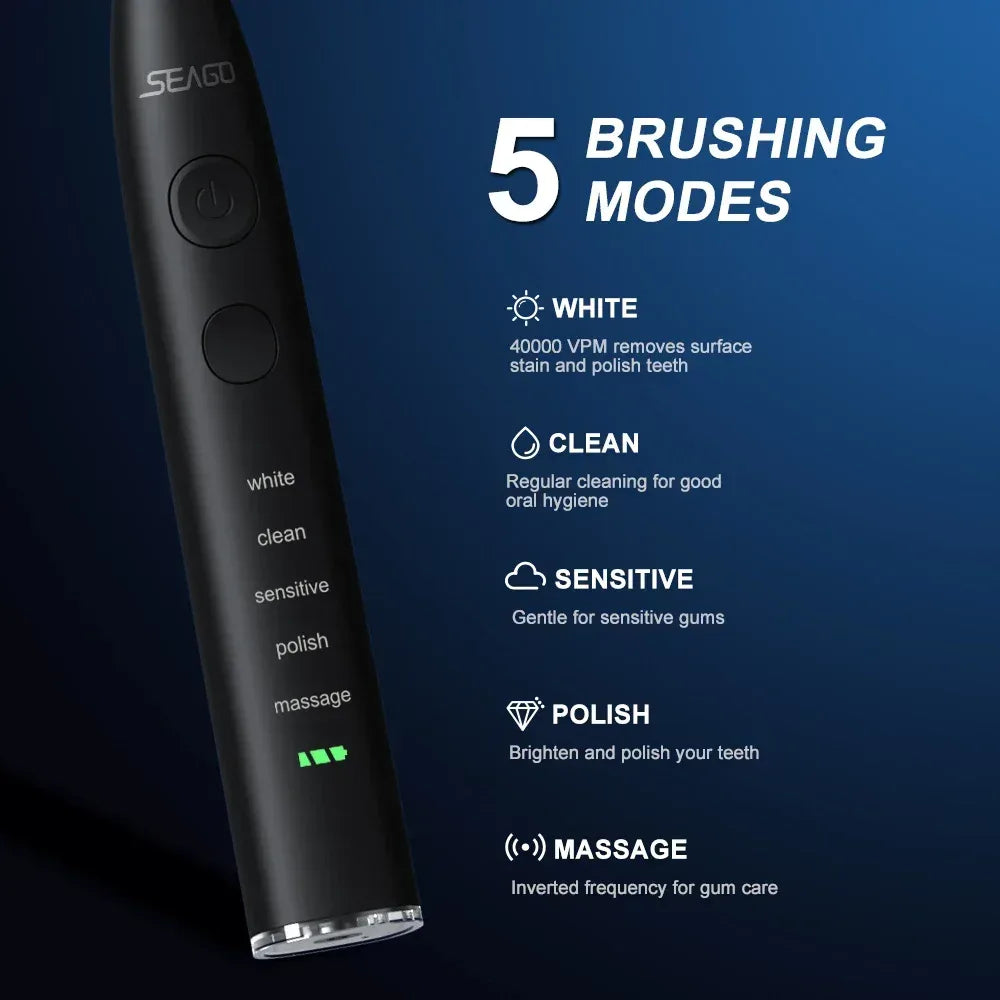 Seago Electric Toothbrush USB Rechargeable Adult 360 Days Long Battery Life IPX7 4 Replacement Heads Travel Box SG-575 - Urbizia