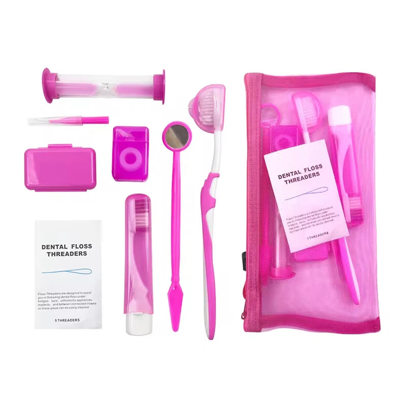 8Pcs Orthodontic Dental Care Brush Kit Teeth Cleaning Braces Toothbrush with Interdental Brush Floss Thread Ortho Wax Travel Kit