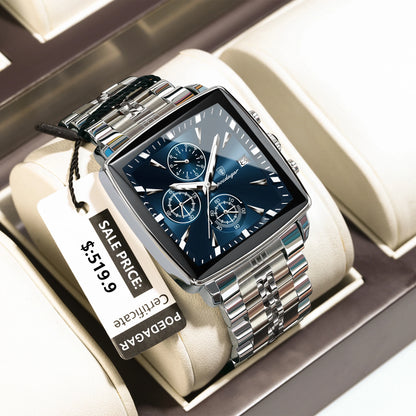 POEDAGAR Square Men Watch Waterproof Luminous Chronograph Calendar Man Wristwatch Stainless Steel Quartz Men's Watches+Box Reloj