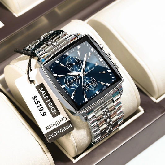 POEDAGAR Square Men Watch Waterproof Luminous Chronograph Calendar Man Wristwatch Stainless Steel Quartz Men's Watches+Box Reloj