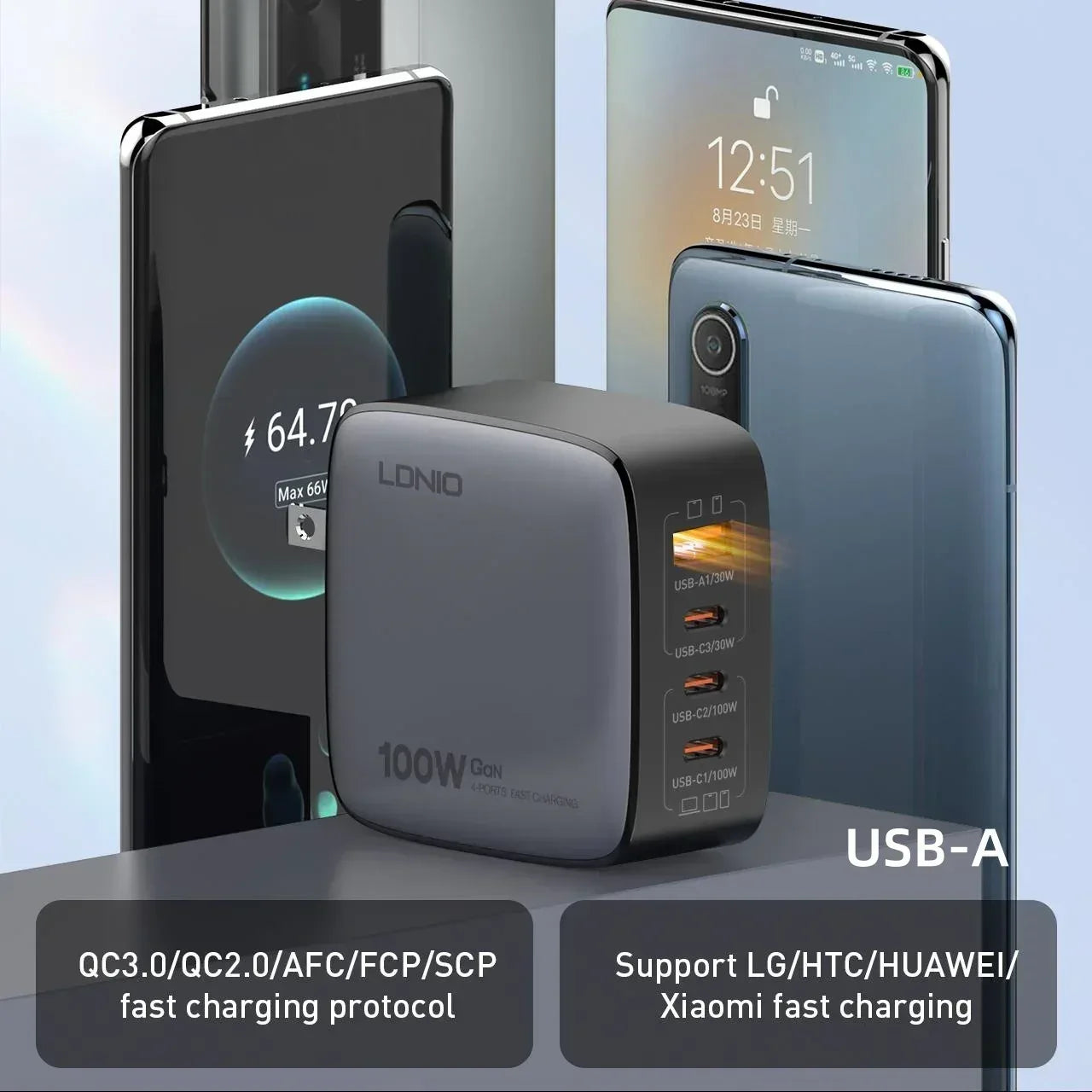 LDNIO 100W Charger Gan Fast Charge Type C USB Charging Station Phone Tablet Laptop Macbook Portable Charger EU UK US Plug Adapte - Urbizia