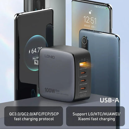 LDNIO 100W Charger Gan Fast Charge Type C USB Charging Station Phone Tablet Laptop Macbook Portable Charger EU UK US Plug Adapte - Urbizia