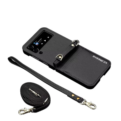 Crossbody Cards Solt Wallet Leather Case For Samsung Galaxy Z Flip 8 7 FE 6 5 4 3 5G Flip6 Flip7 Hand Strap Lanyard Pocket Cover
