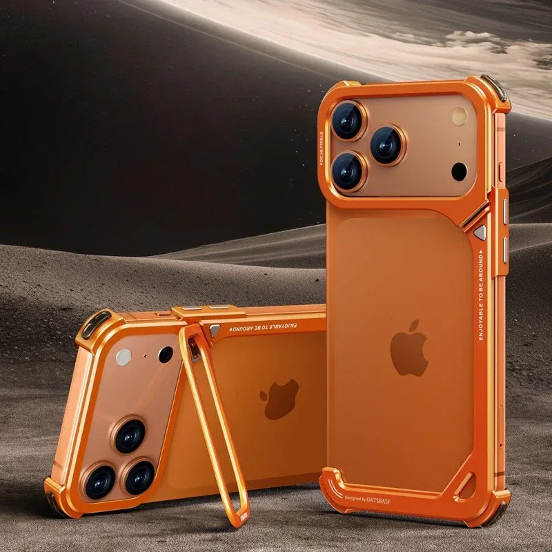 Eary 9-Shaped Phone Case for iPhone 17 Pro Max 17 Pro for Magsafe With Lens Holder Stand Metal Frameless Bumper Anti-Drop Shells