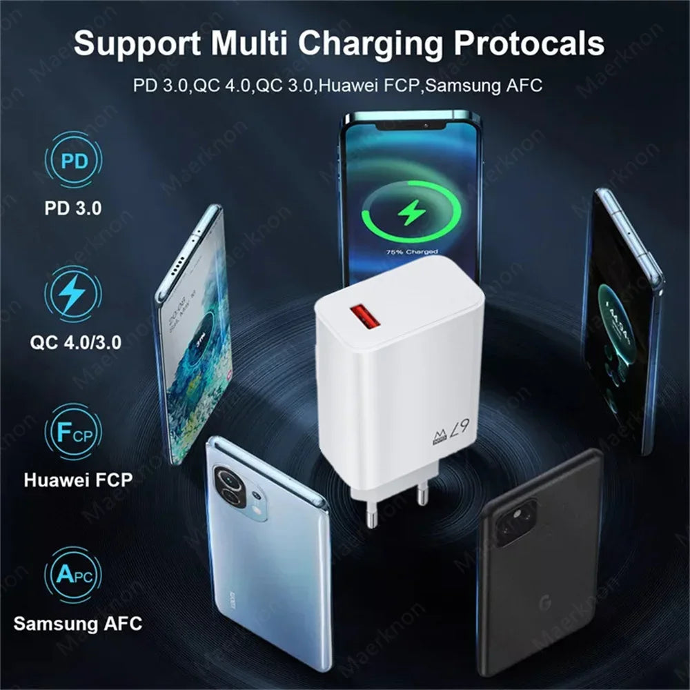 GaN 67W USB Charger Fast Charging EU/US/UK Plug Charger Adapter 10A Type C Cable For iPhone Samsung Xiaomi Huawei Quick Charger