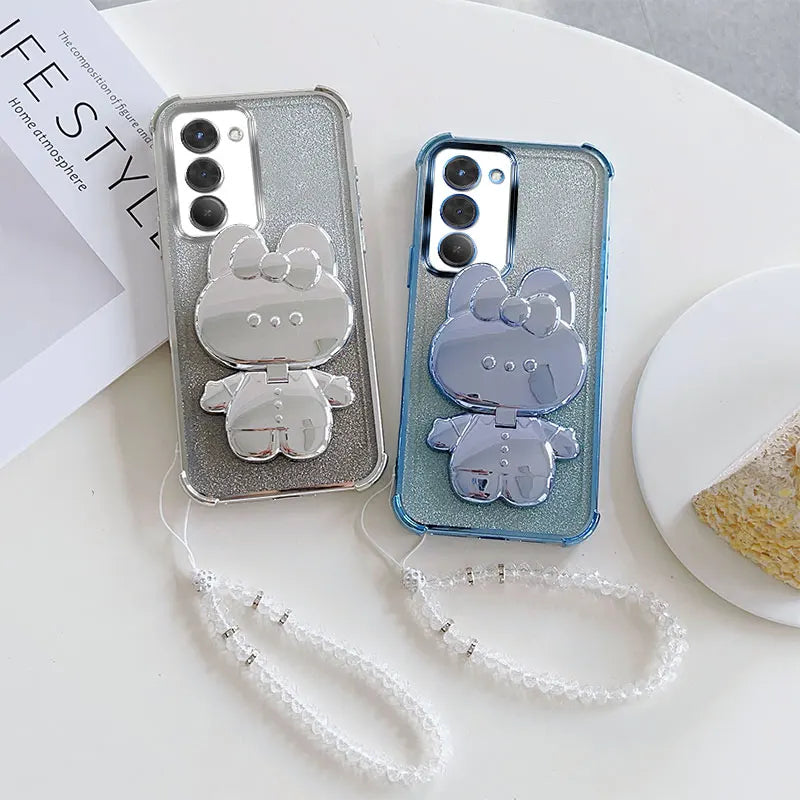 Luxury Shockproof Phone Case with Rabbit Makeup Swivel Stand Crystal Lanyard For Xiaomi Redmi 15 4G 5G 169mm 171mm Back Cover