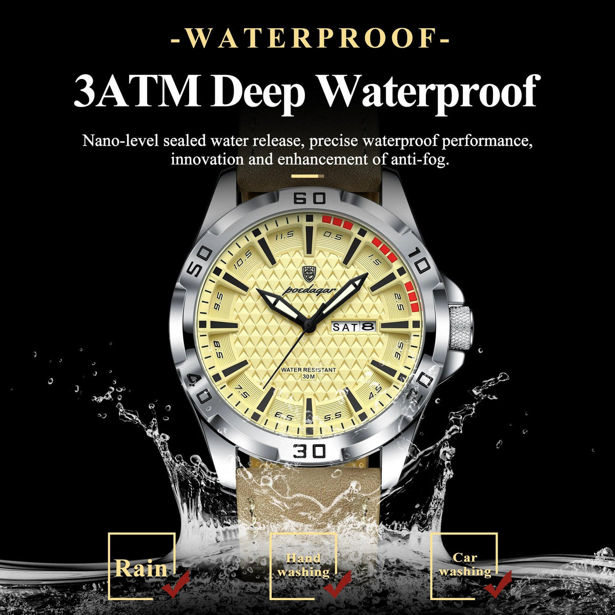 POEDAGAR Original Business Man Wristwatch Waterproof Luminous Date Week Casual Watch For Men Quartz Leather Luxury Fashion Men's Watches Reloj