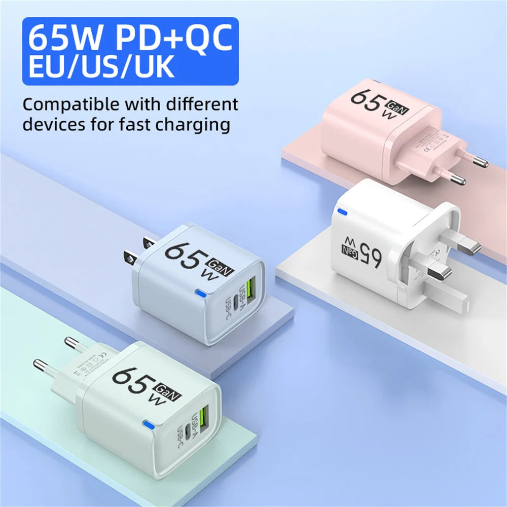 65W GaN Type C USB Fast Charge Chargers Dual Ports Cellphone Power Adapter For Samsung Huawei Xiaomi iPhone USB C Wall Charger