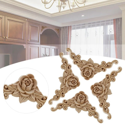 4pcs Natural Floral Wooden Figurines Crafts Wood Carved Corner Appliques Frame Wall Door Furniture Woodcarving Decorative