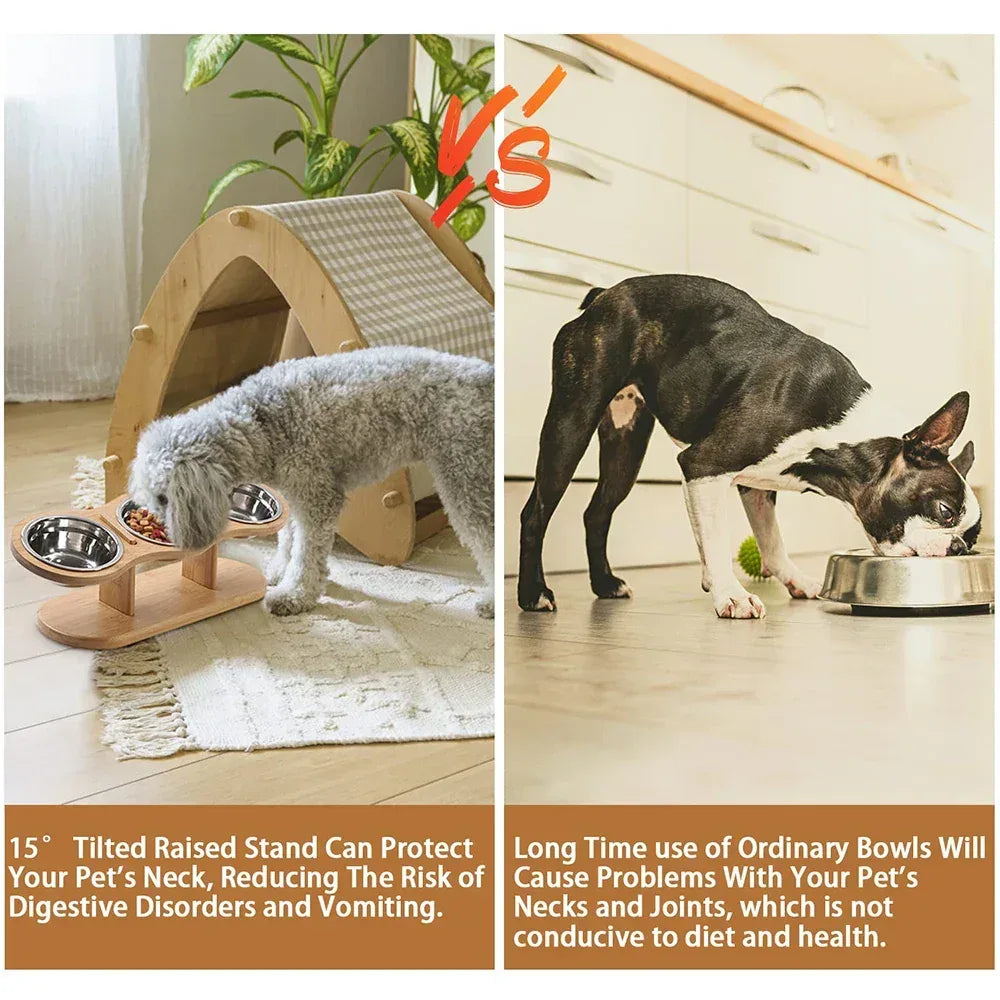 Raised Cat Feeder 3 Bowls in 1 Feeding & Watering Supplies 15° Raised Puppy 3 Stainless Steel Bowls Wood Stand Cats Accessories - Urbizia
