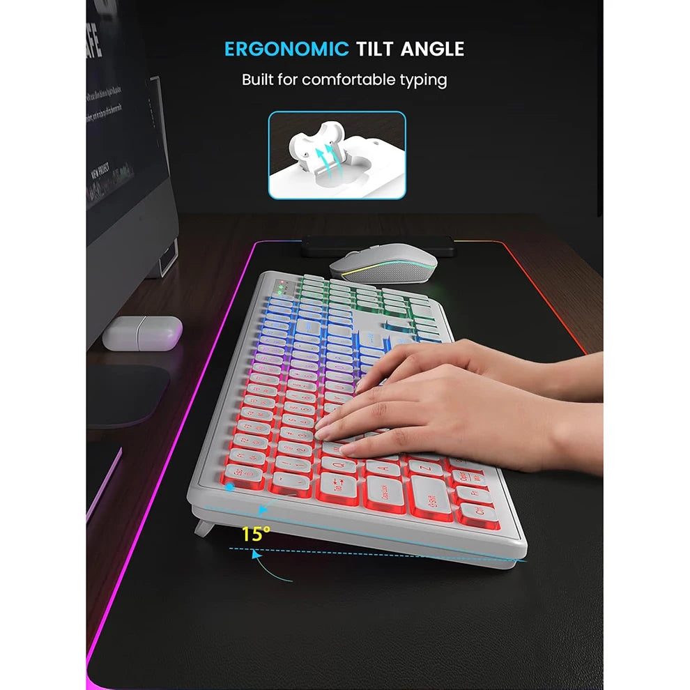 Backlit Wireless Keyboard and Mouse,Quiet Light Up Keys, Tilt Legs, Rechargeable USB Cordless Combo for Computer, PC, Laptop