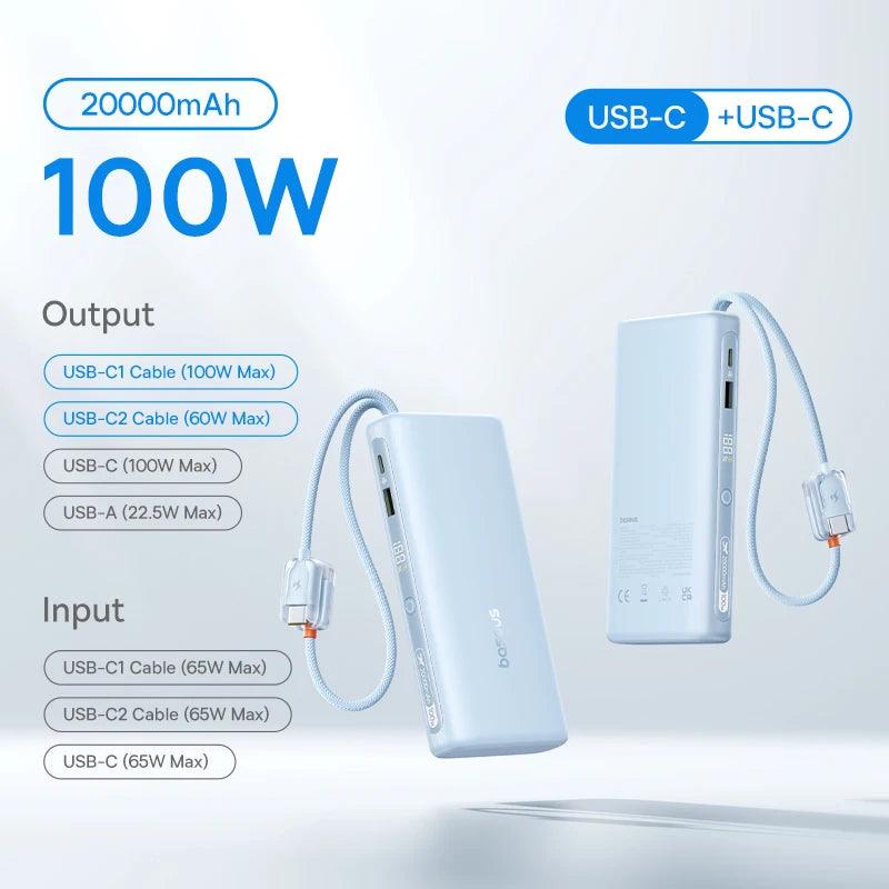 Baseus 145W Power Bank 25000mAh Fast Charging Built-In Type-C Cable Portable Battery Charger for iPhone Samsung MacBook Tablet