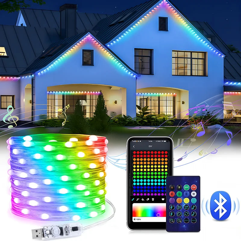 20M Permanent Outdoor Smart RGBIC LED Eaves Lights – App & Remote Control Full House Flashing Lighting
