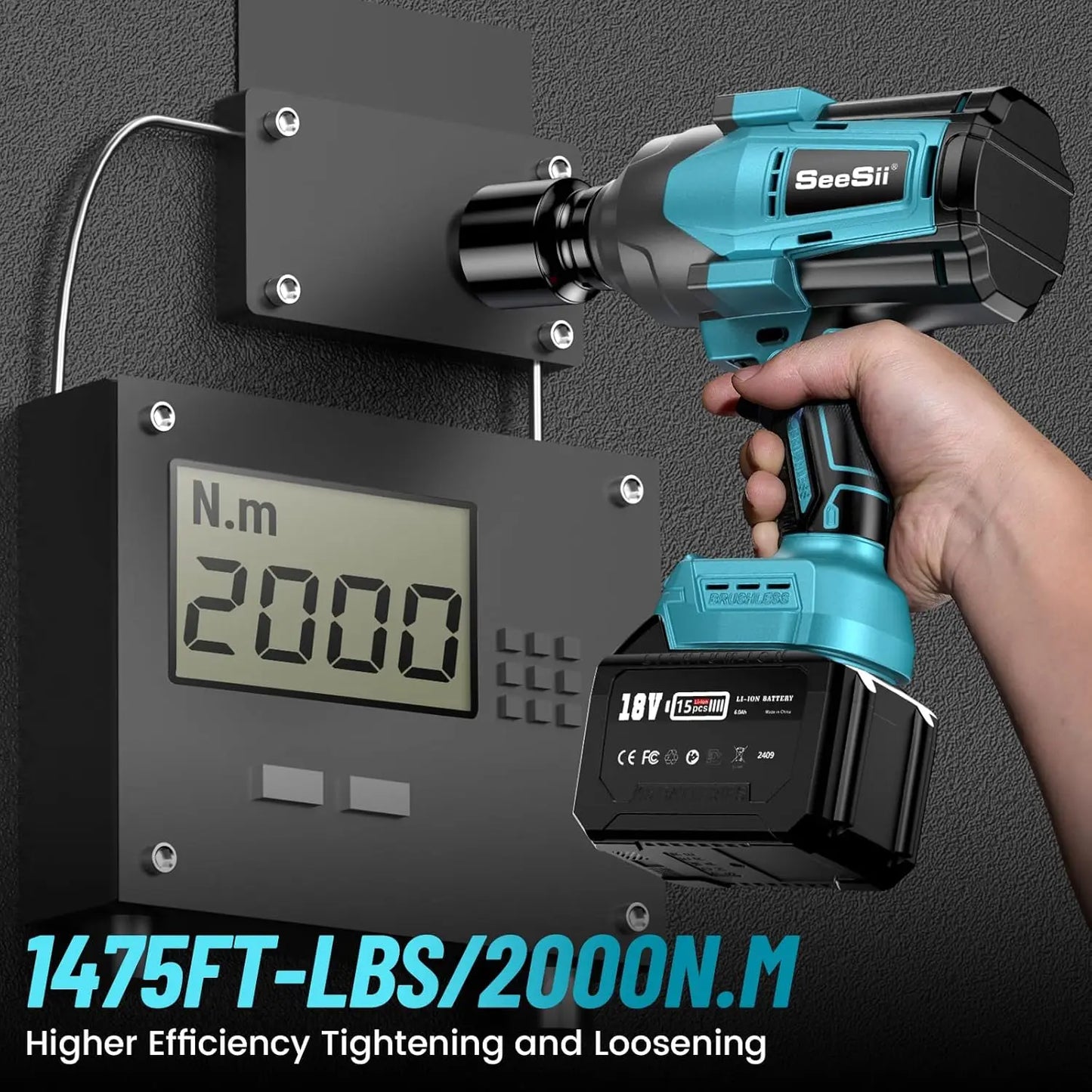SEESII 2000Nm Electric Impact Wrench High Torque Brushless Cordless Power Impact Gun 3/4" Car Repair For Makita with 6.0Ah Battery