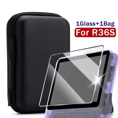 3 IN 1 Carrying Storage Case with Tempered Glass Screen Protectors for R36S Game Console Protectors Kit Anti-Scratch Bag & Films