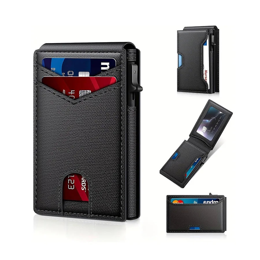 Men Vintage Leather Wallet RFID Blocking Aluminum Auto Pop Up Credit Card Holder for Men