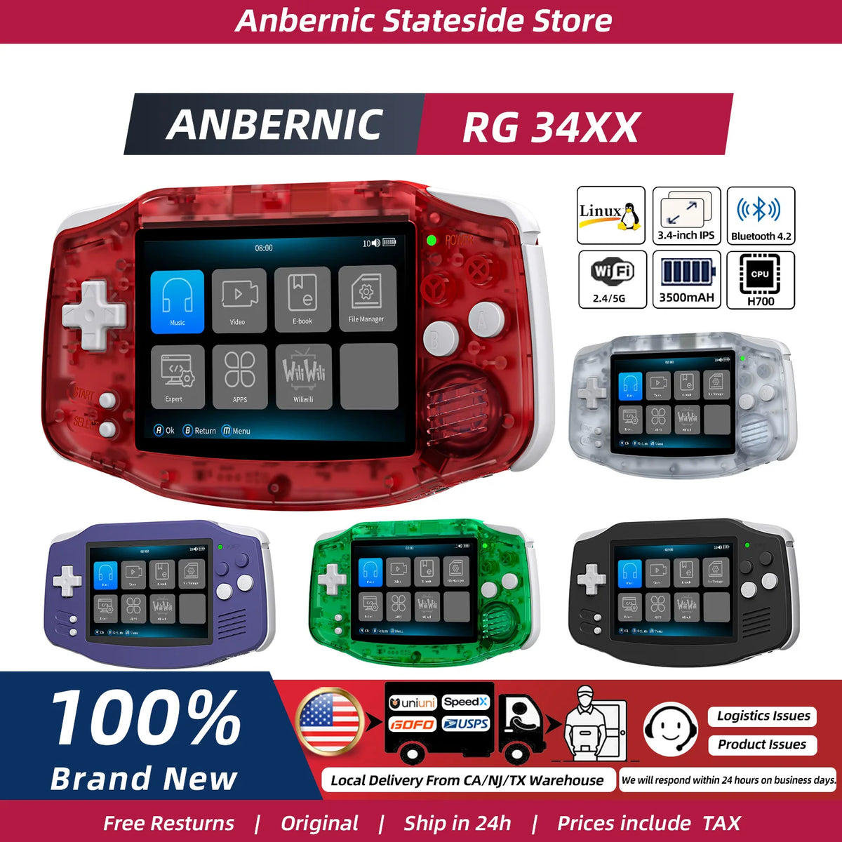 ANBERNIC RG34XX Retro Handheld Game Console 3.4''IPS Screen Linux System HDMI Output Classic Remake Game Player Sentimental Gift